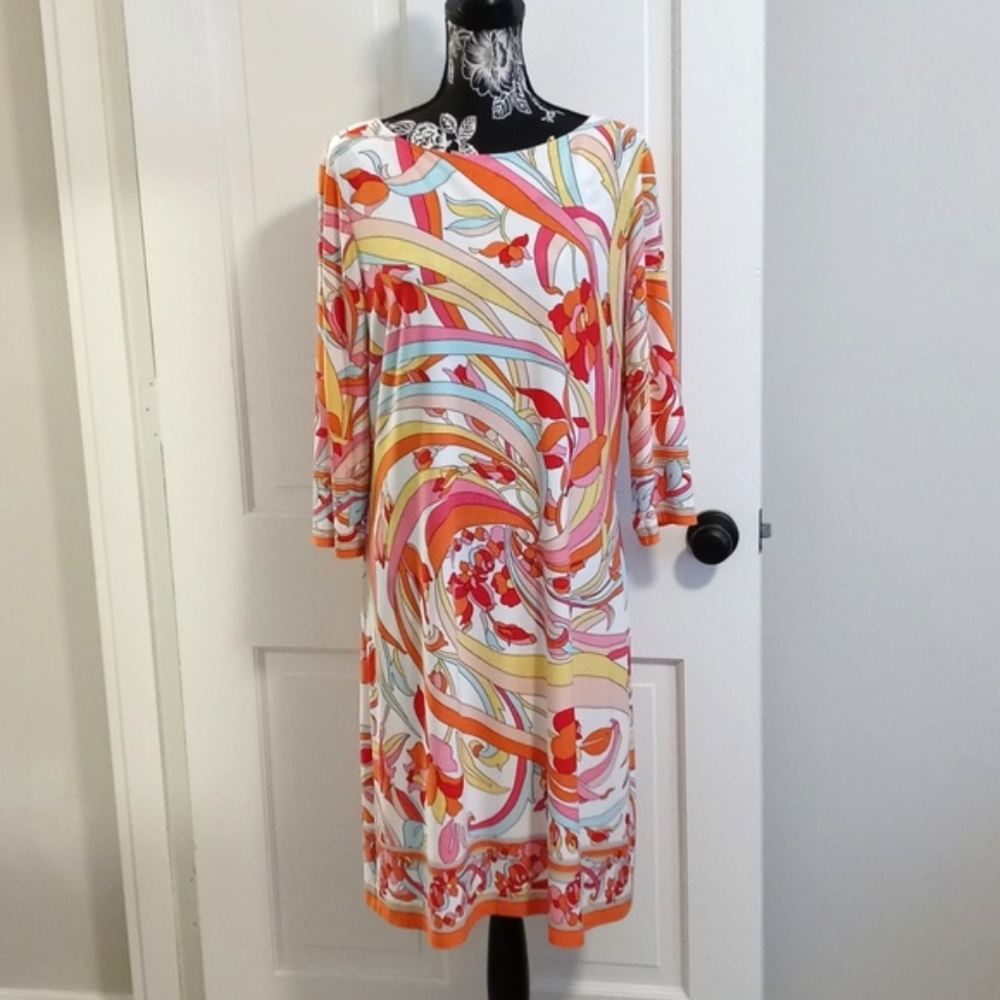 🧡London Times🧡 - Orange/Multi Abstract Floral 3/4 Sleeve Stretch Jersey Dress